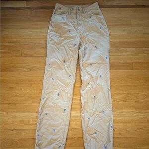 PacSun Tan Corduroy Pants with Blue Embroidery